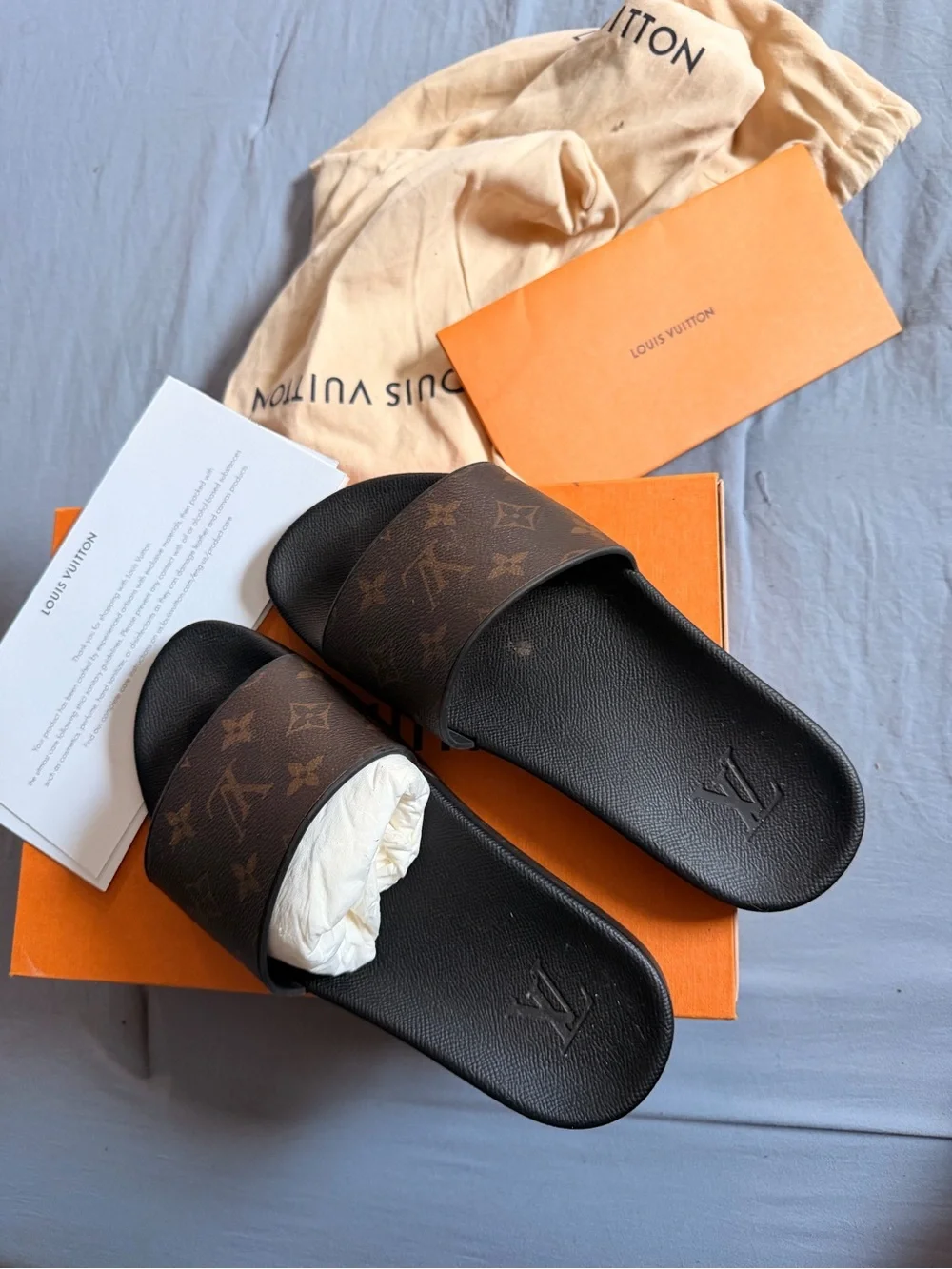 Louis Vuitton Brown Monogram Slide Sandals with Black Footbed